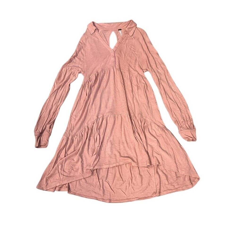 Free People Best Girl‎ Tunic Tiered baby doll Ruffles Keyhole Back Dress XS Pink